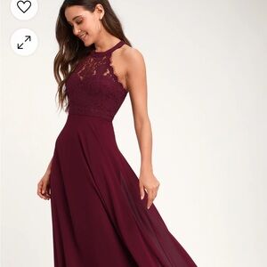 Lulu’s Dance All Evening Burgundy Eyelash Lace Halter Maxi Dress